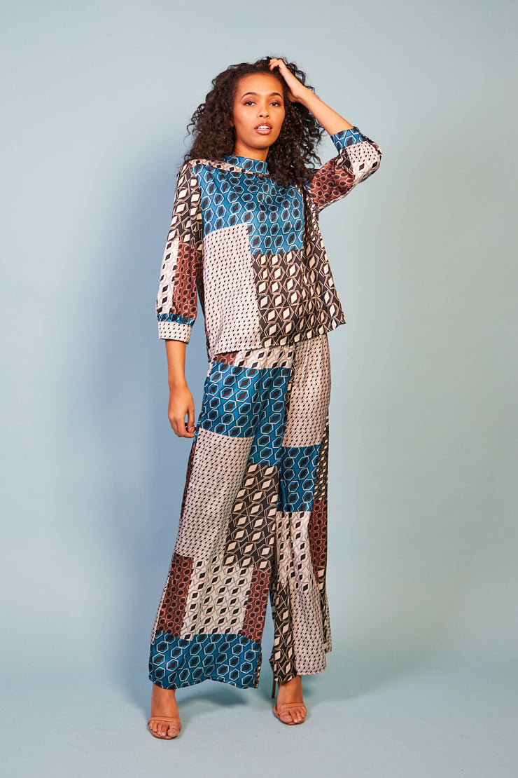 Charlotte Blue and Grey Satin Top