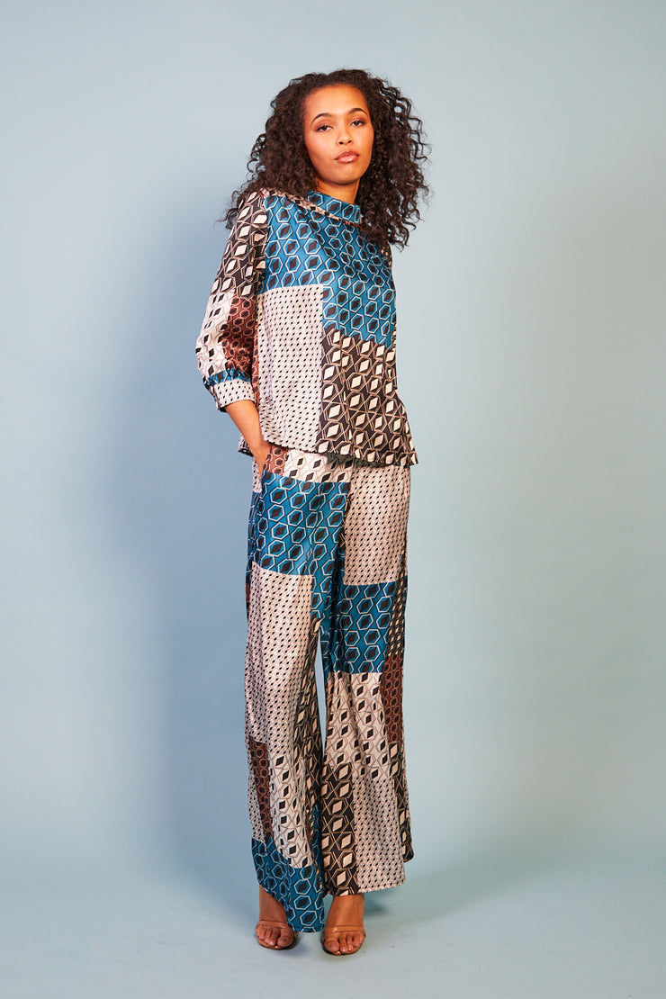 Charlotte Blue and Grey Satin Top
